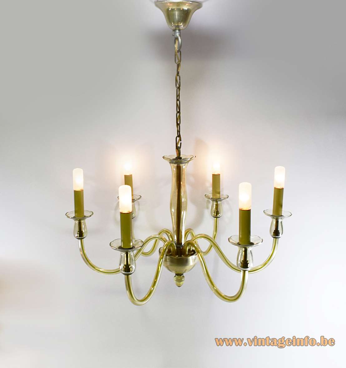  Amber Murano glass classic chandelier with 6 hand blown curved rods and gilded brass 1960s 1970s