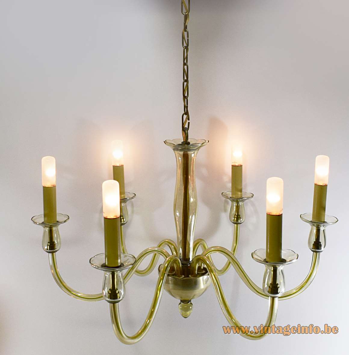  Amber Murano glass classic chandelier with 6 hand blown curved rods and gilded brass 1960s 1970s