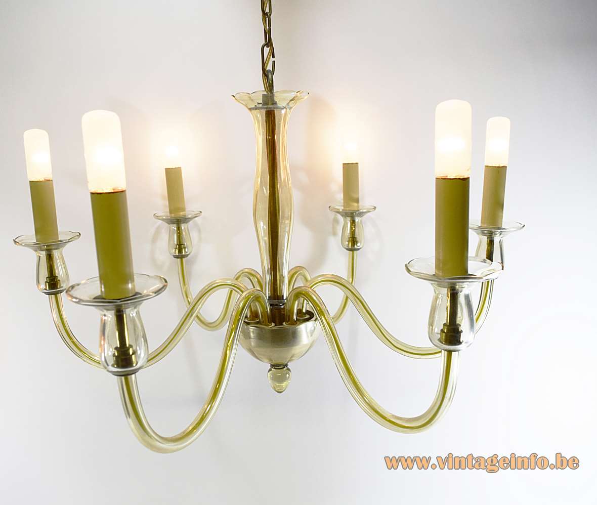 Amber Murano glass classic chandelier with 6 hand blown curved rods and gilded brass 1960s 1970s