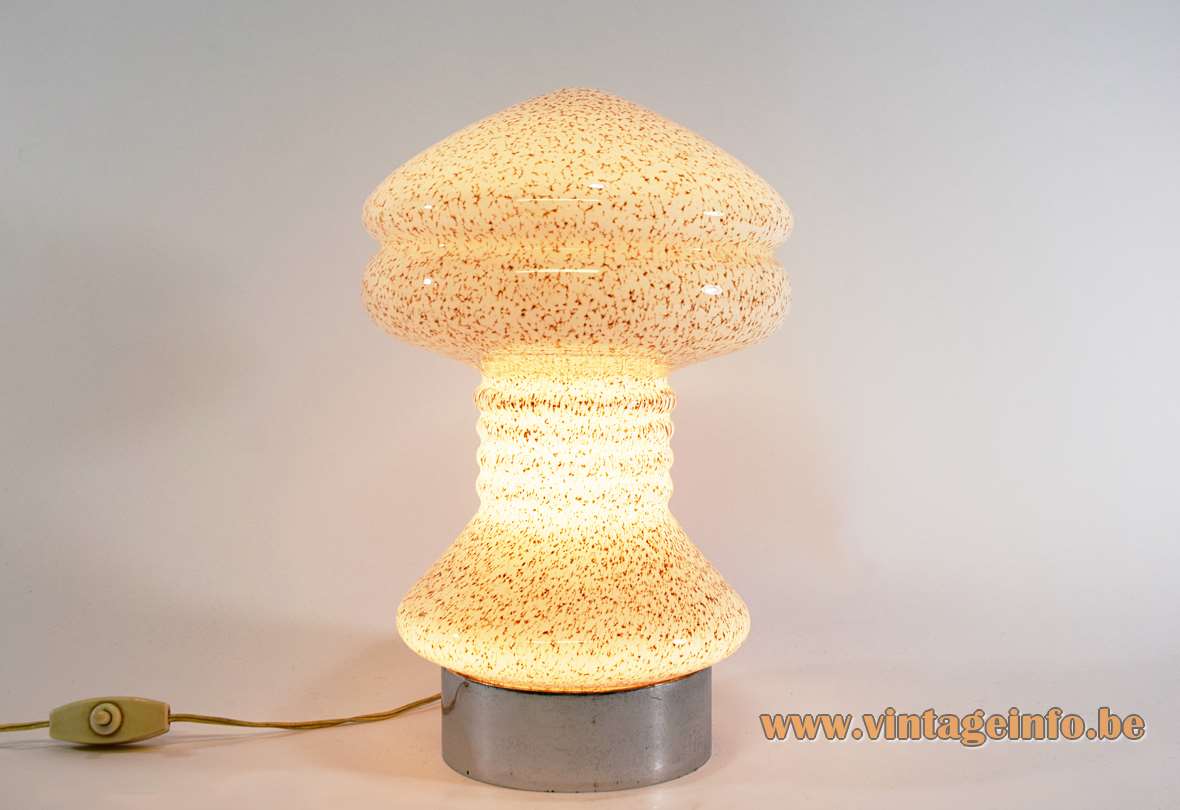 Speckled mushroom Murano table lamp chrome ring base white & brown blown glass lampshade 1950s 1960s Italy