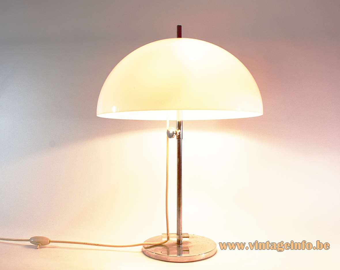 Gepo white mushroom table lamp chrome base & rod adjustable acrylic lampshade 1960s 1970s 2 E27 sockets
