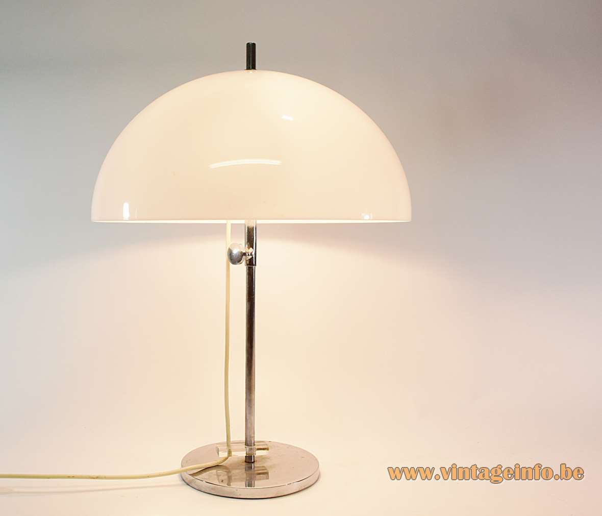 Gepo white mushroom table lamp chrome base & rod adjustable acrylic lampshade 1960s 1970s 2 E27 sockets