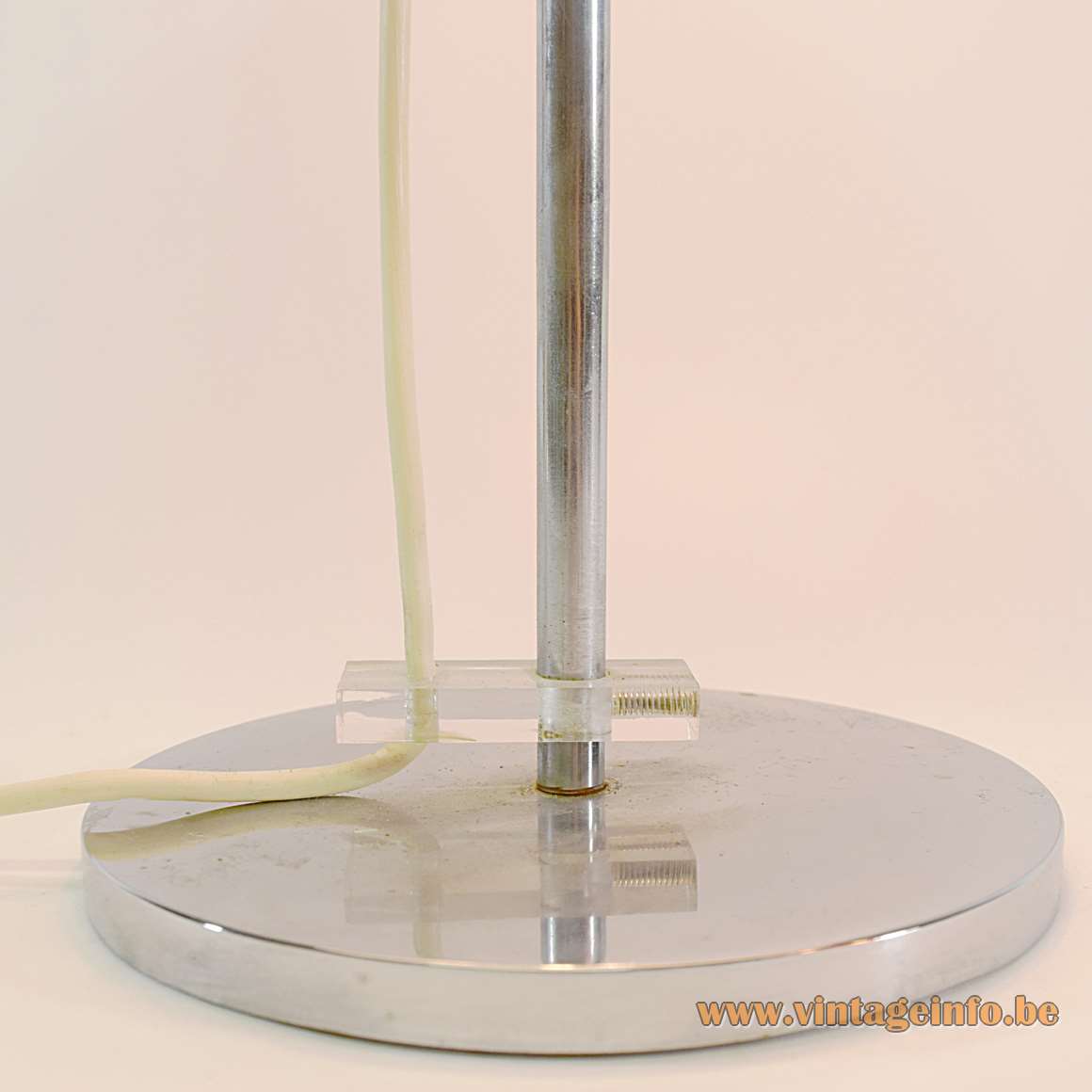 Gepo White Mushroom Table Lamp acrylic chrome round base, screw, rod Netherlands 1960 1970s MCM