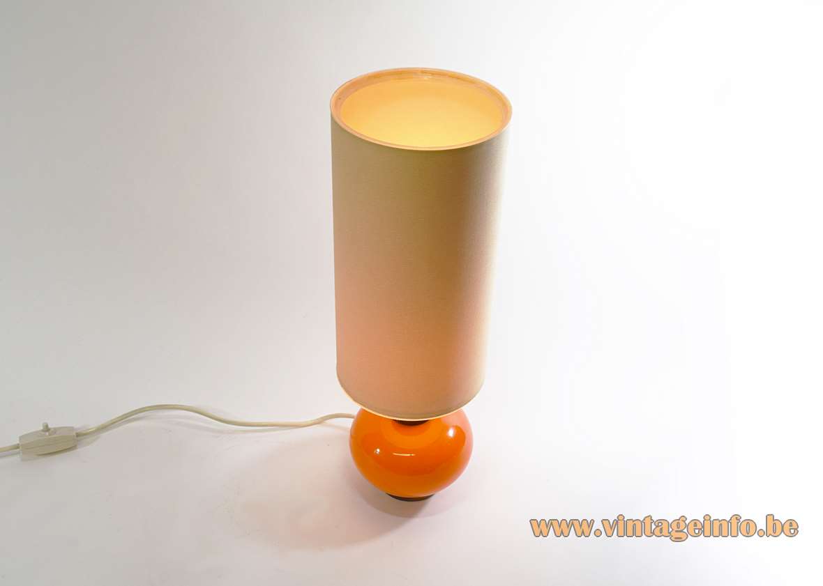 Orange glass globe & brass table lamp with a round base and tubular lampshade 1960s 1970s 
