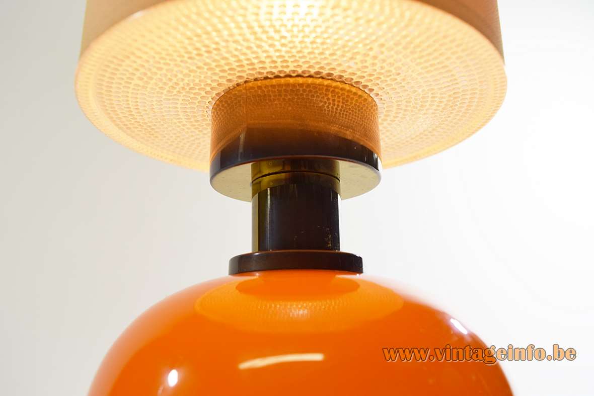 Orange glass globe & brass table lamp with a round base and tubular lampshade 1960s 1970s 