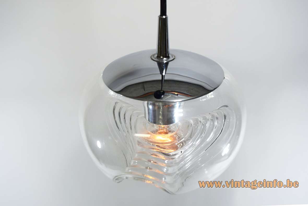 Peill + Putzler Futura pendant lamp clear embossed glass globe lampshade chrome lid 1970s Germany E27 socket