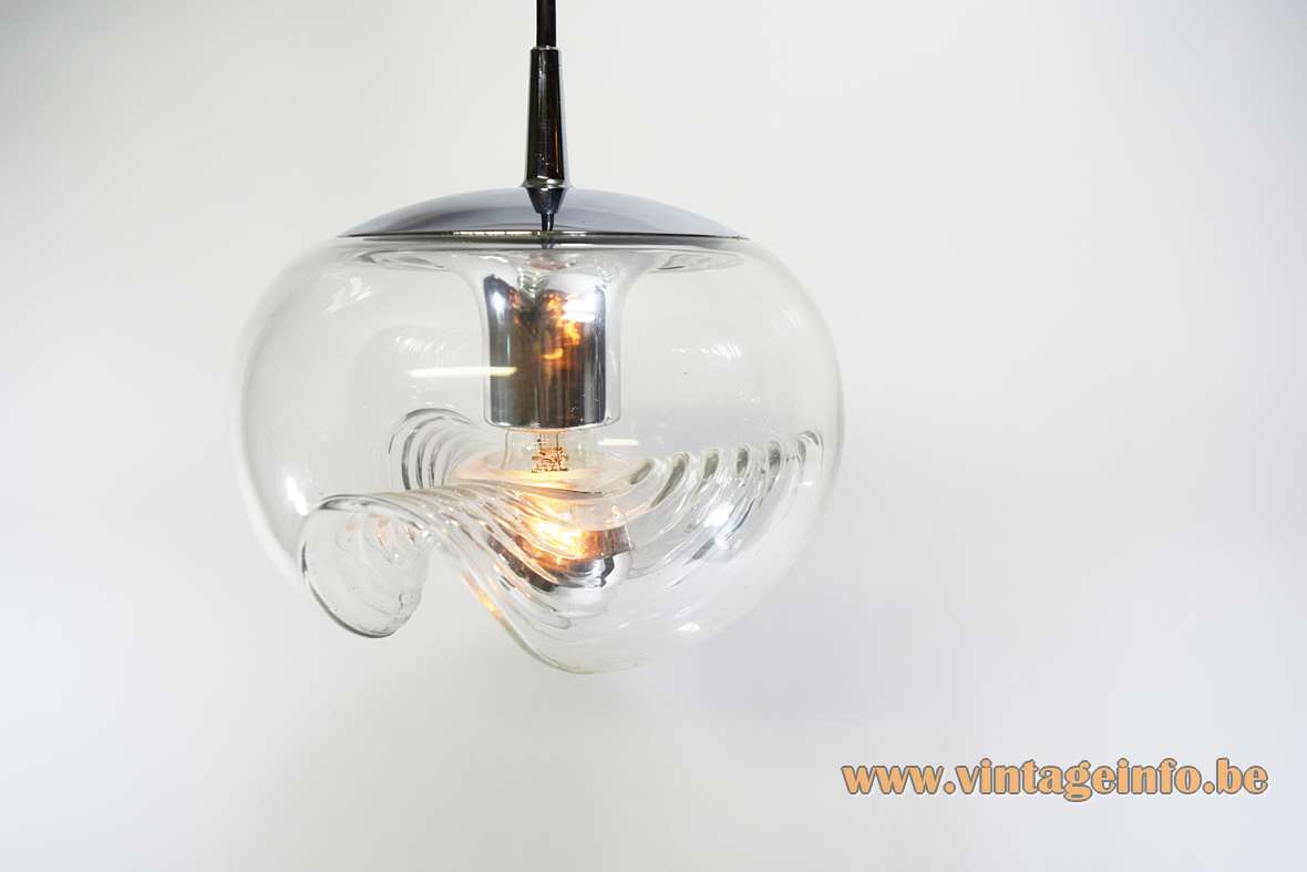 Peill + Putzler Futura pendant lamp clear embossed glass globe lampshade chrome lid 1970s Germany E27 socket