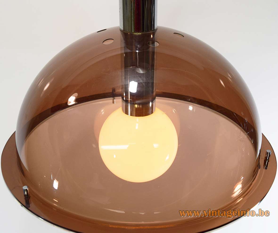 Acrylic globe pendant lamp brown & clear plastic sphere chrome tube Massive 1970s E27 lamp socket