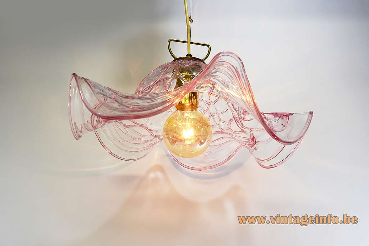Pink veined Murano pendant lamp clear glass lampshade with red streaks Kalmar Franken 1960s Austria