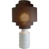 Prof. Petucco table lamp white glazed round ceramics base brown layered fabric lampshade 1970s Italy