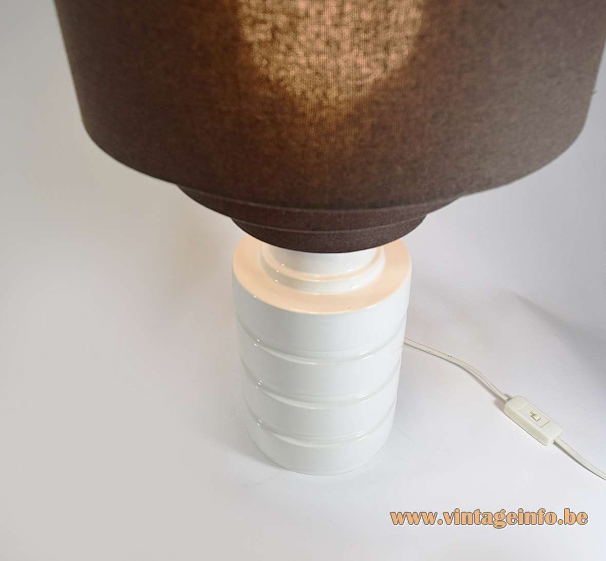 Prof. Petucco table lamp white glazed round ceramics base brown layered fabric lampshade 1970s Italy