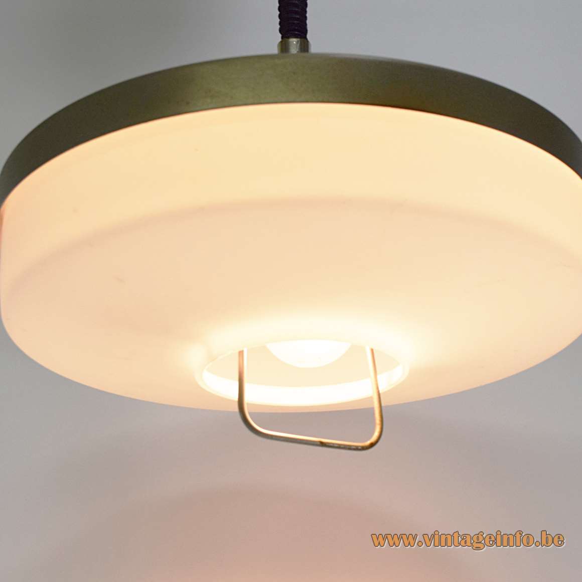 Rise & Fall Swedish Pendant Lamp opaque opal glass UFO green/grey metallic painted on top 1960s 1970s MCM Rolly