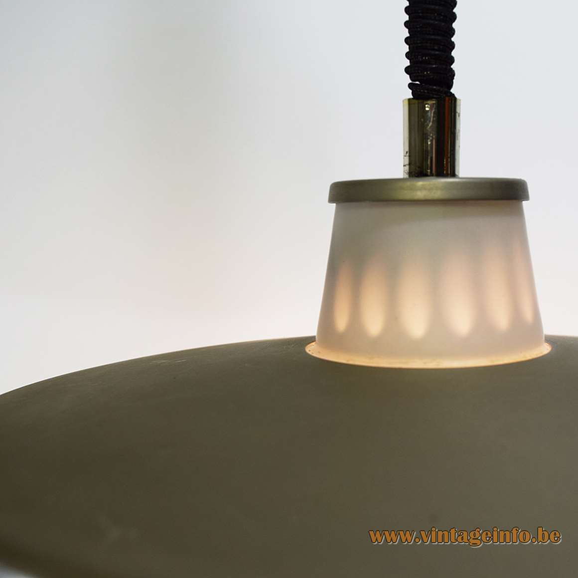 Rise & Fall Swedish Pendant Lamp opaque opal glass UFO green/grey metallic painted on top 1960s 1970s MCM Rolly