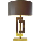 Romeo Rega brass table lamp rectangular base geometric square tubes round brown fabric lampshade 1970s 1980s Italy