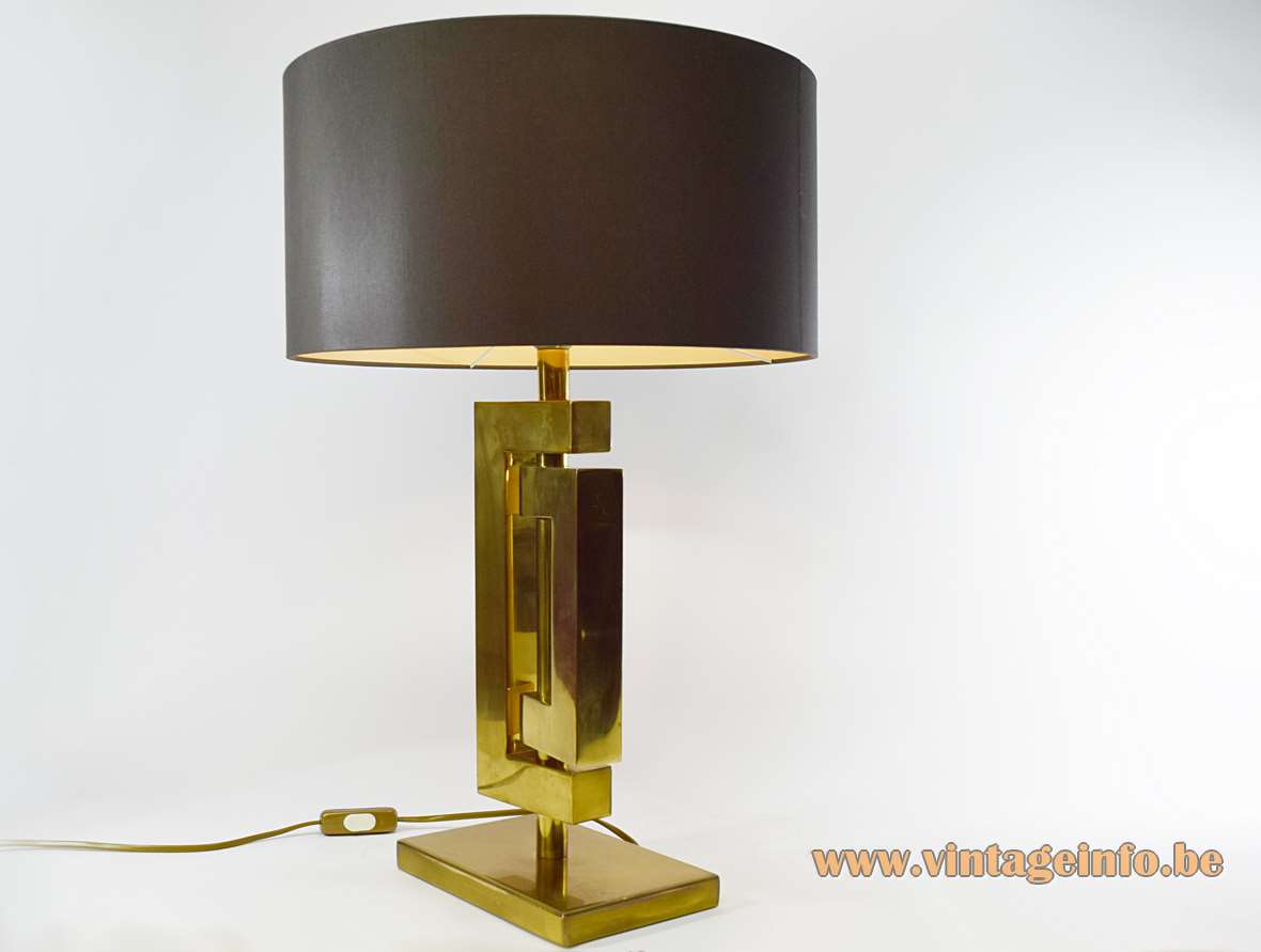 Romeo Rega brass table lamp rectangular base geometric square tubes round brown fabric lampshade 1970s 1980s Italy