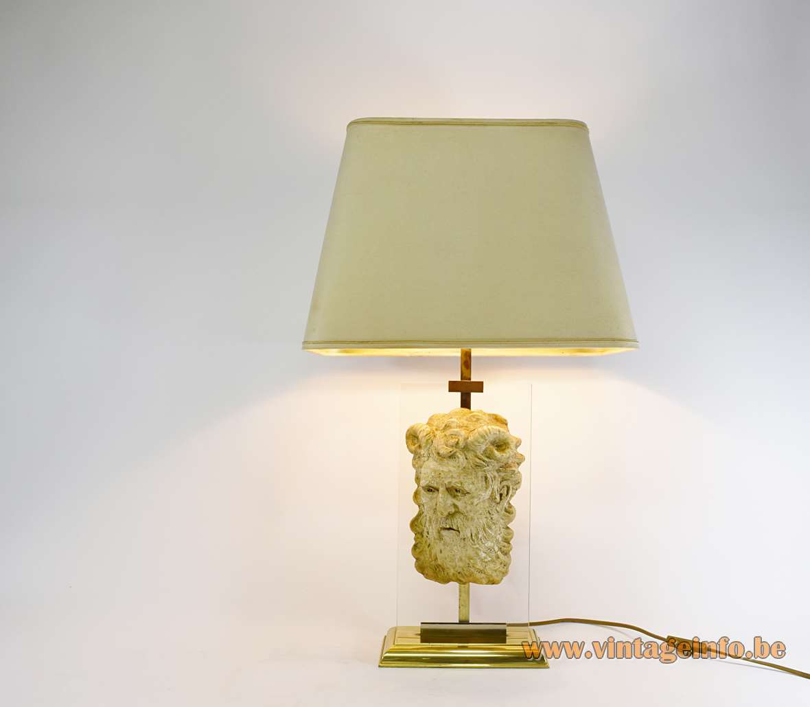 Satyr table lamp brass base glass plate stone head sculpture conical lampshade Le Dauphin France 1970s