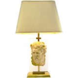 Satyr table lamp brass base glass plate stone head sculpture conical lampshade Le Dauphin France 1970s