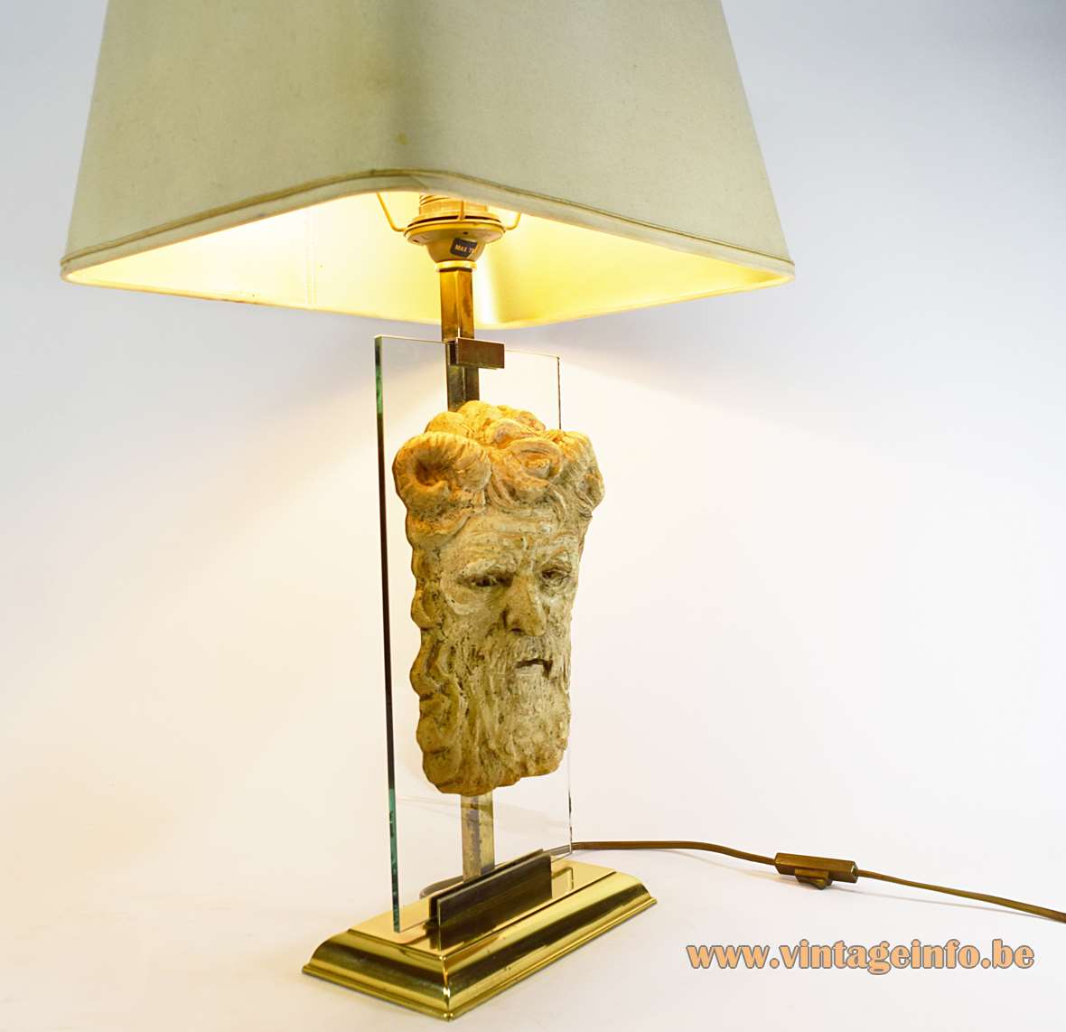 Satyr table lamp brass base glass plate stone head sculpture conical lampshade Le Dauphin France 1970s