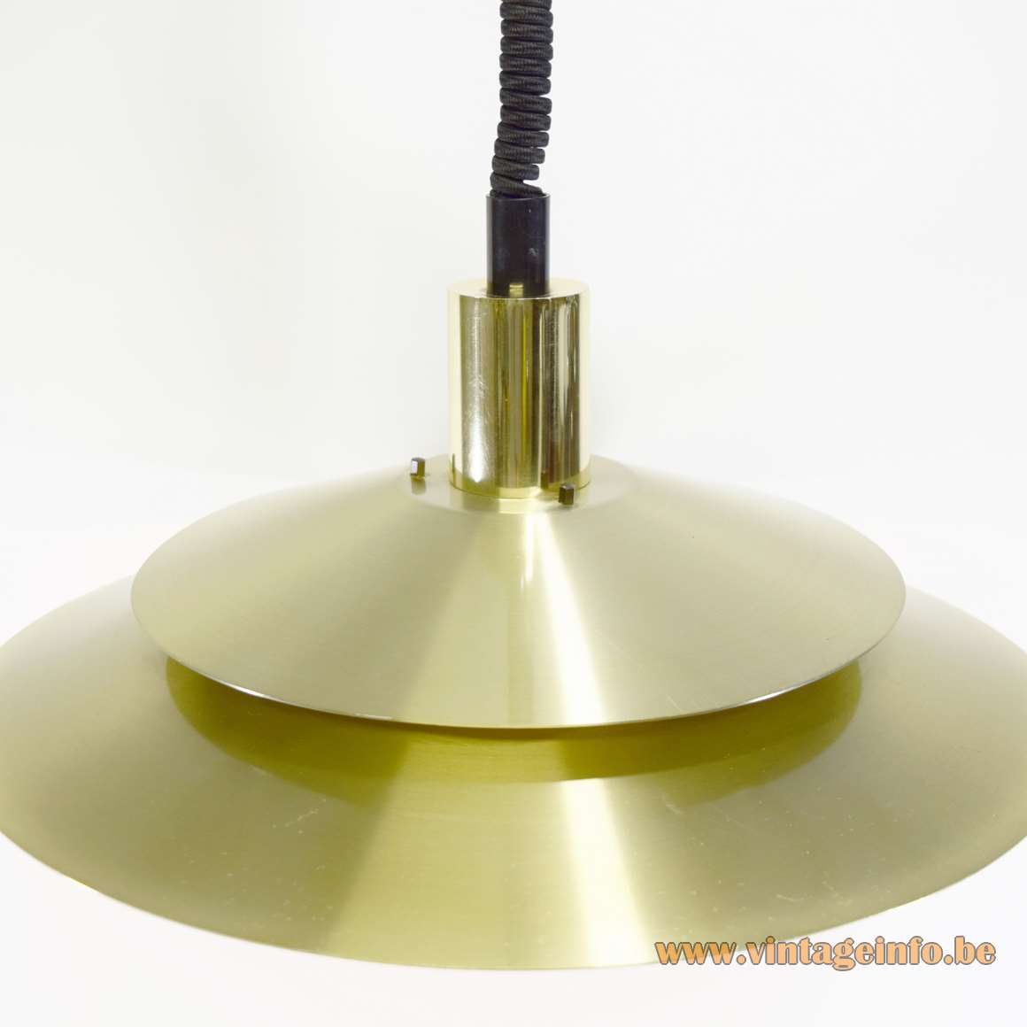 Scandinavian Aluminium Pendant Lamp gold anodized 2 dishes witch hat 1960s 1970s rise & fall MCM