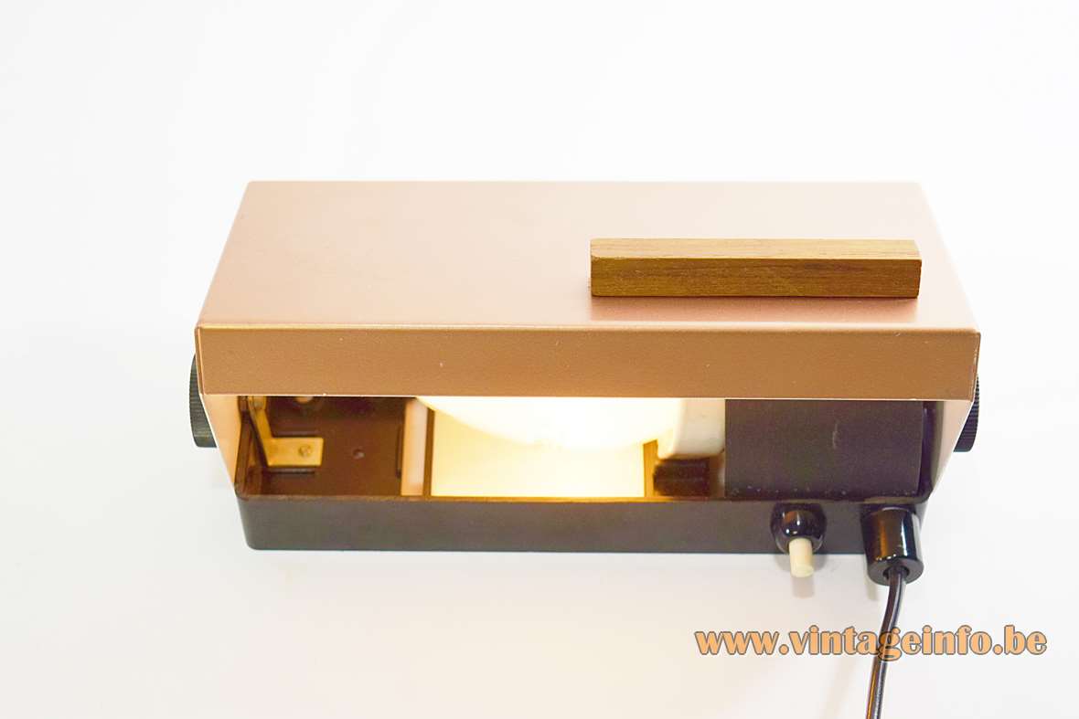 Teka 7015 wall lamp rectangular Bakelite wall mount teak handle copper coloured lid 1960s 1970s Germany