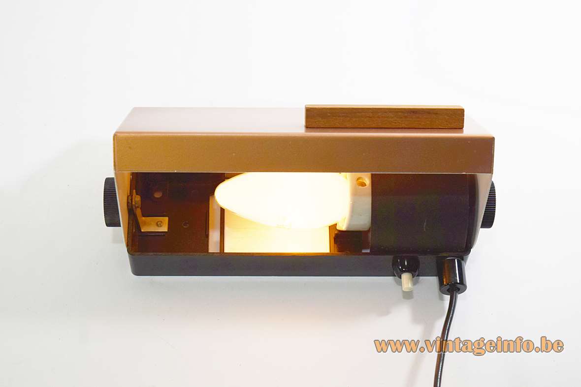 Teka 7015 wall lamp rectangular Bakelite wall mount teak handle copper coloured lid 1960s 1970s Germany