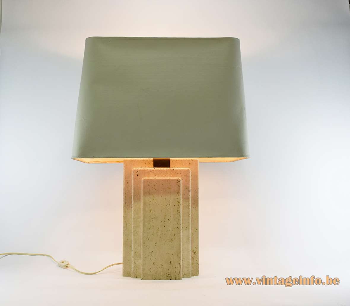 Travertine table lamp limestone marble base design: Camille Breesch brass fabric lampshade 1960s 1970s Belgium