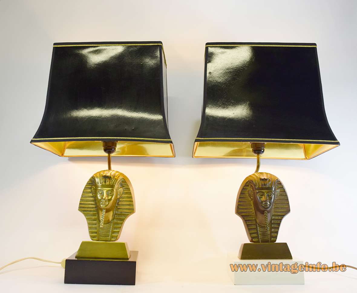 Tutankhamun table lamps black & white wood base brass alloy pharaoh pagoda lampshade 1970s 1980s Massive Belgium