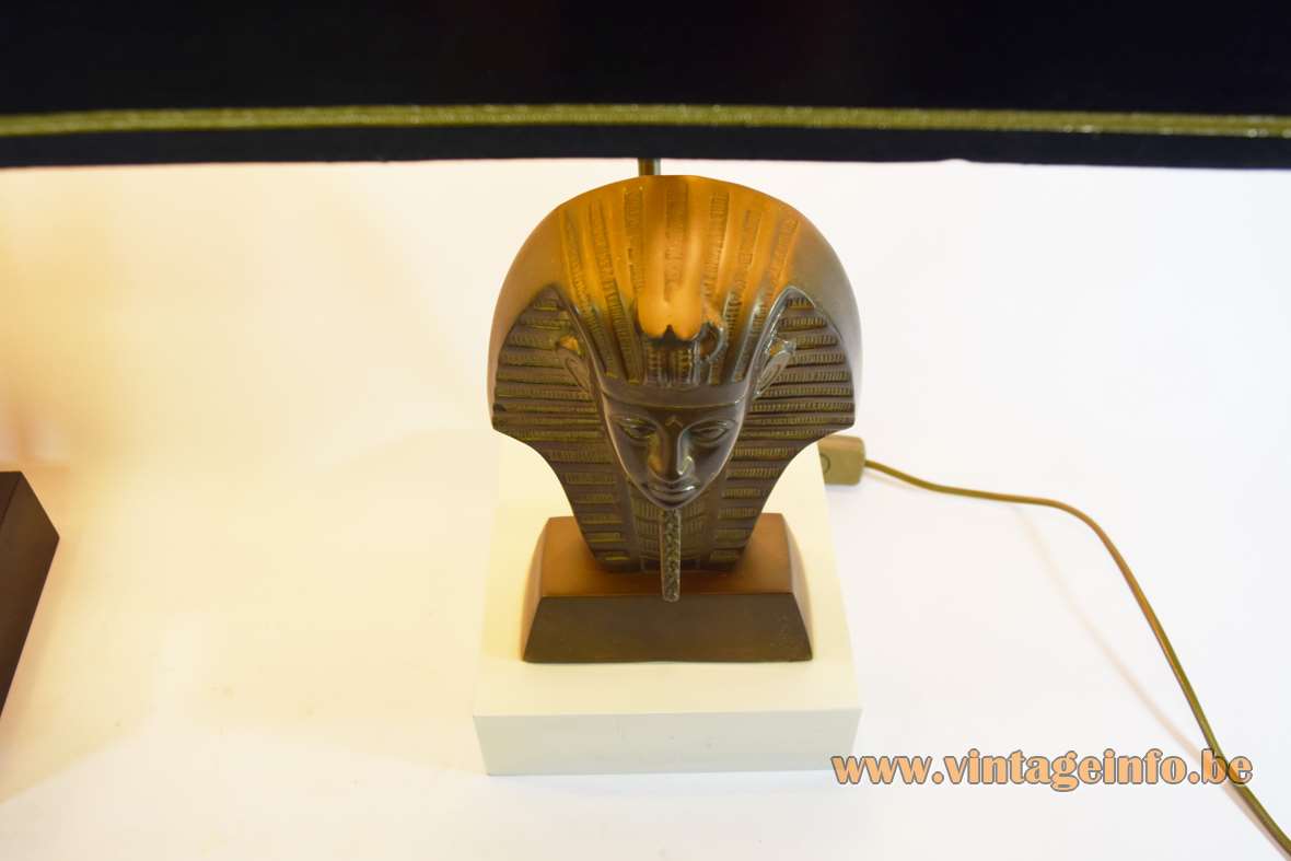 Tutankhamun table lamps white wood base brass alloy pharaoh pagoda lampshade 1970s 1980s Massive Belgium