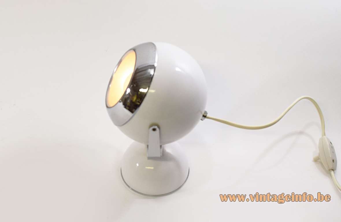 White eyeball table lamp half round base adjustable globe lampshade chrome ring 1960s 1970s Elma Slovenia