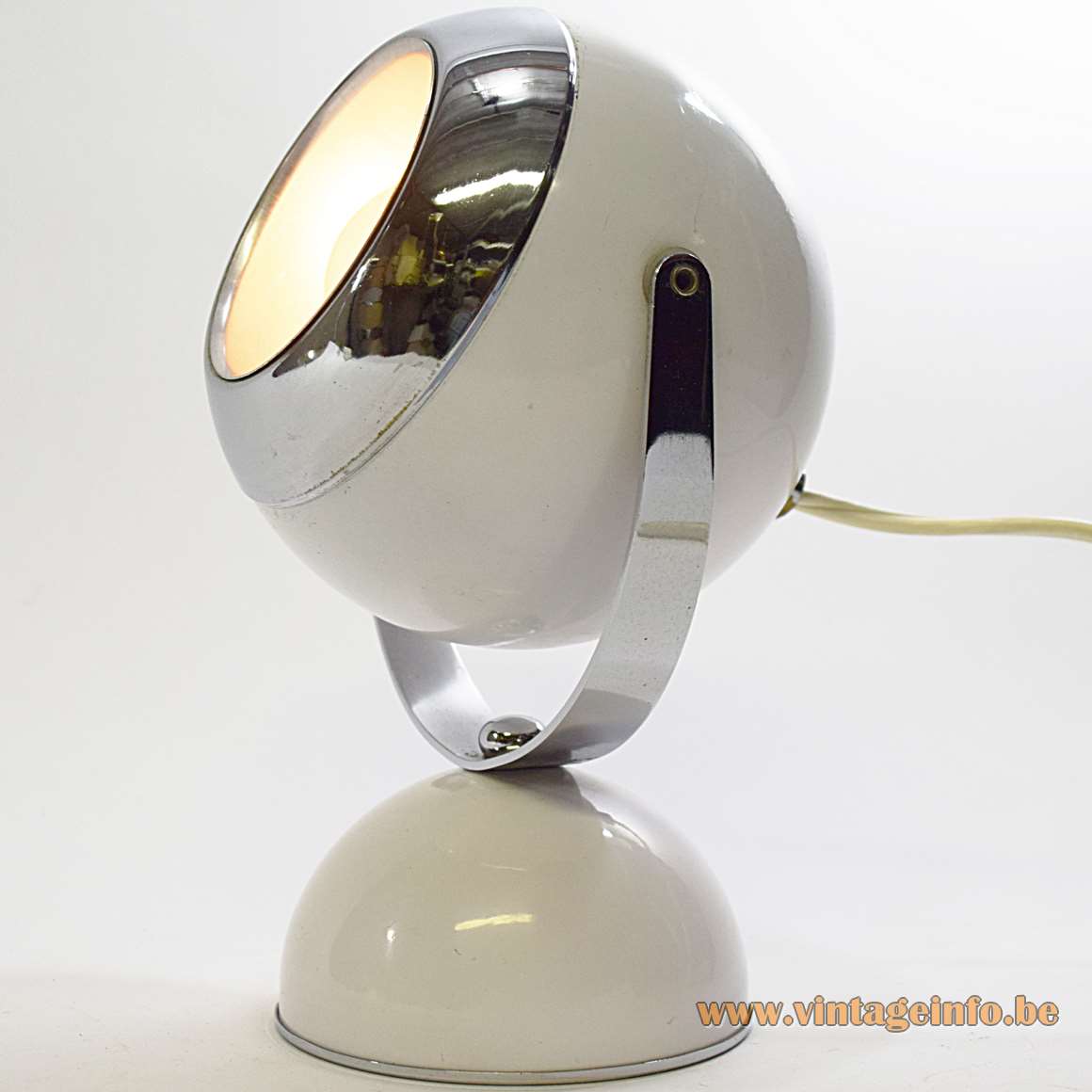 White Eyeball Table Lamp half round base globe chrome ring adjustable 1960s 1970s MCM