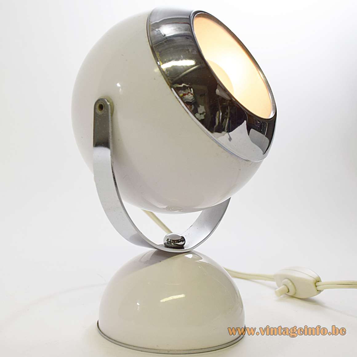 White Eyeball Table Lamp half round base globe chrome ring adjustable 1960s 1970s MCM