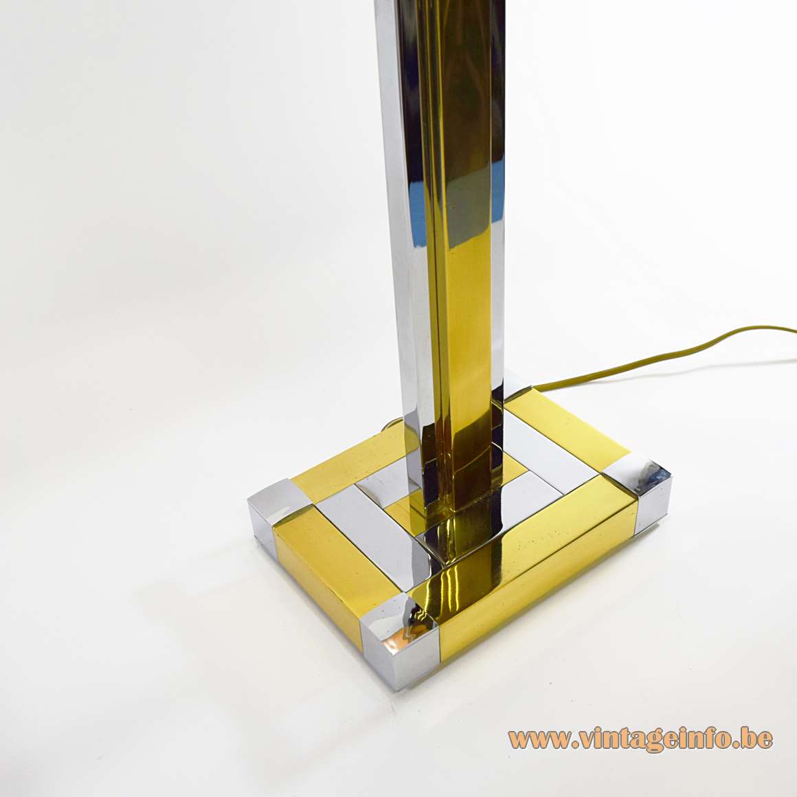 Willy Rizzo style table lamp square brass & chrome tubes fabric lampshade Arte Lumen 1970s 1980s Germany