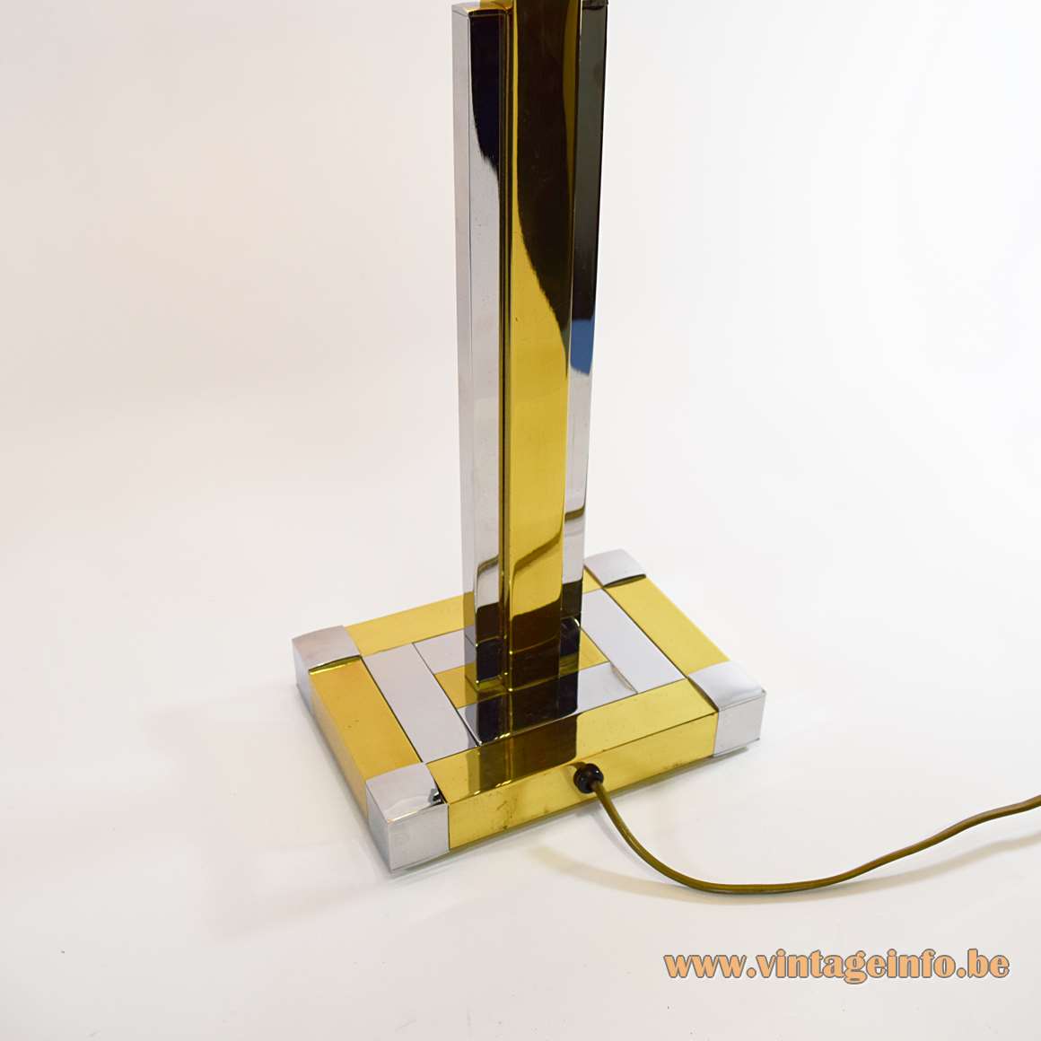 Willy Rizzo style table lamp square brass & chrome tubes fabric lampshade Arte Lumen 1970s 1980s Germany