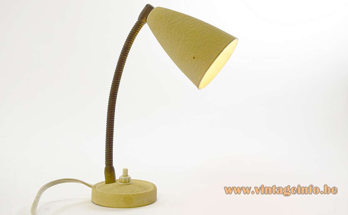 1950s Aluminor bedside lamp small table lamp round cream base brass goose-neck conical lampshade 1960s France