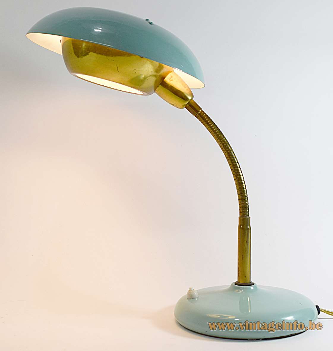 1950s brass gooseneck desk lamp turquoise round base aluminium round lampshade & diffuser Italy 1960s E14 socket