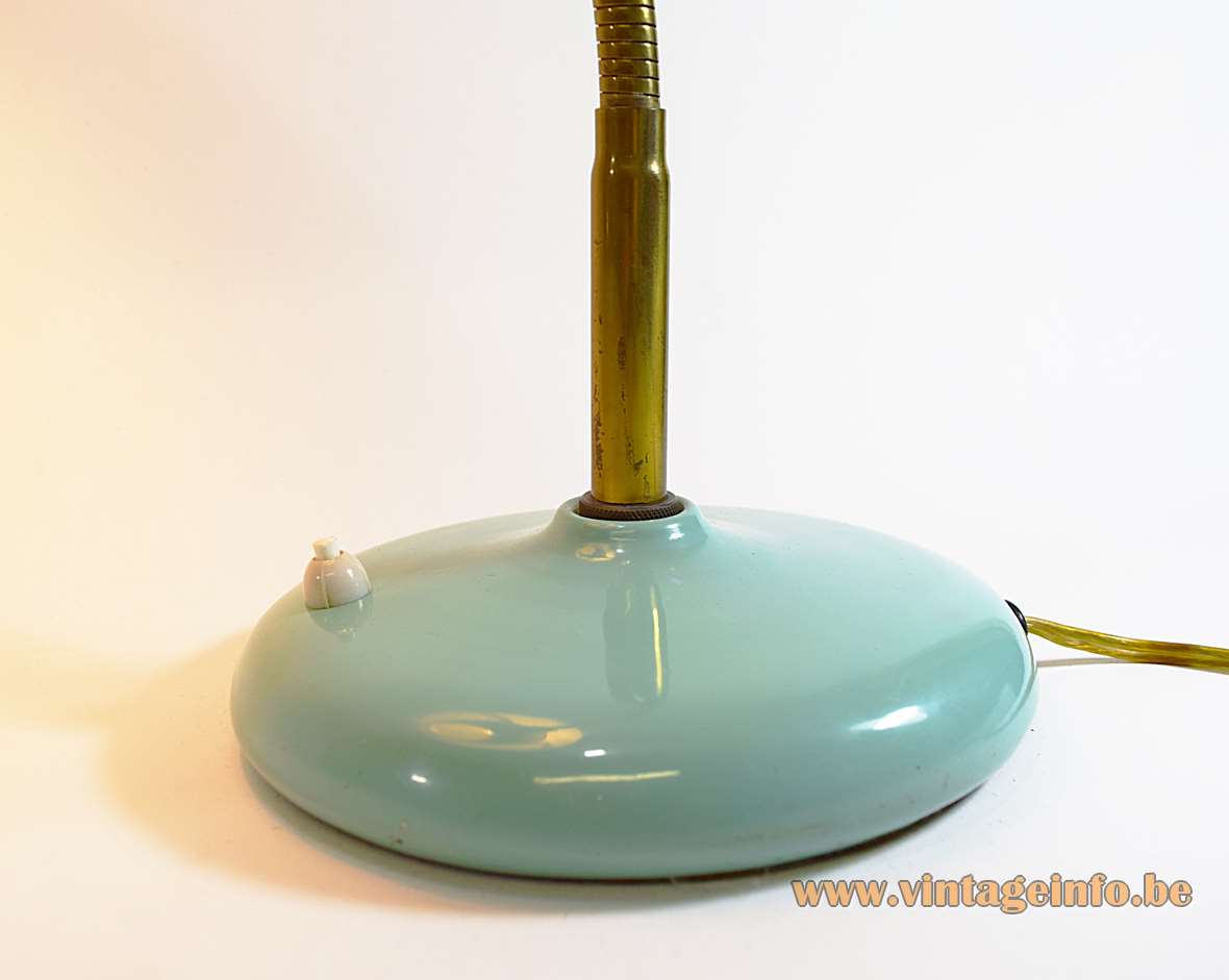 1950s brass gooseneck desk lamp round curved turquoise base built-in switch Italy 1960s