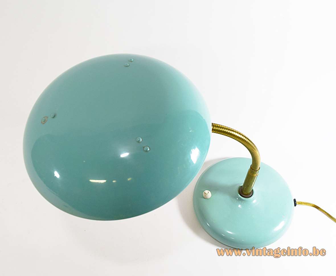 1950s brass gooseneck desk lamp turquoise round base aluminium round lampshade & diffuser Italy 1960s E14 socket