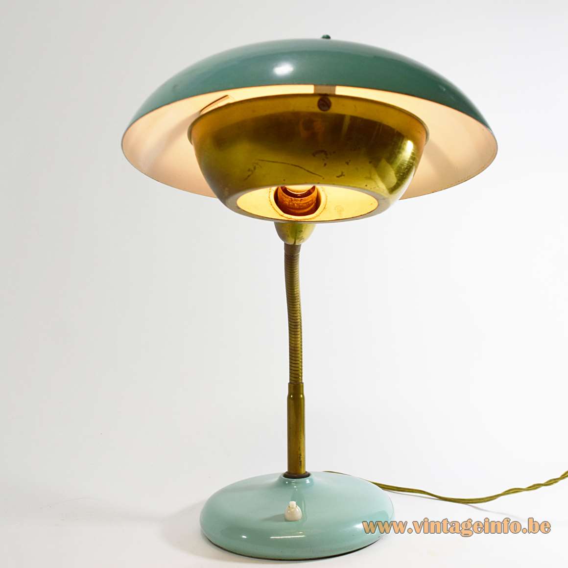 1950s Brass Gooseneck Desk Lamp turquoise round base aluminium lampshade diffuser 1960s MCM Italy