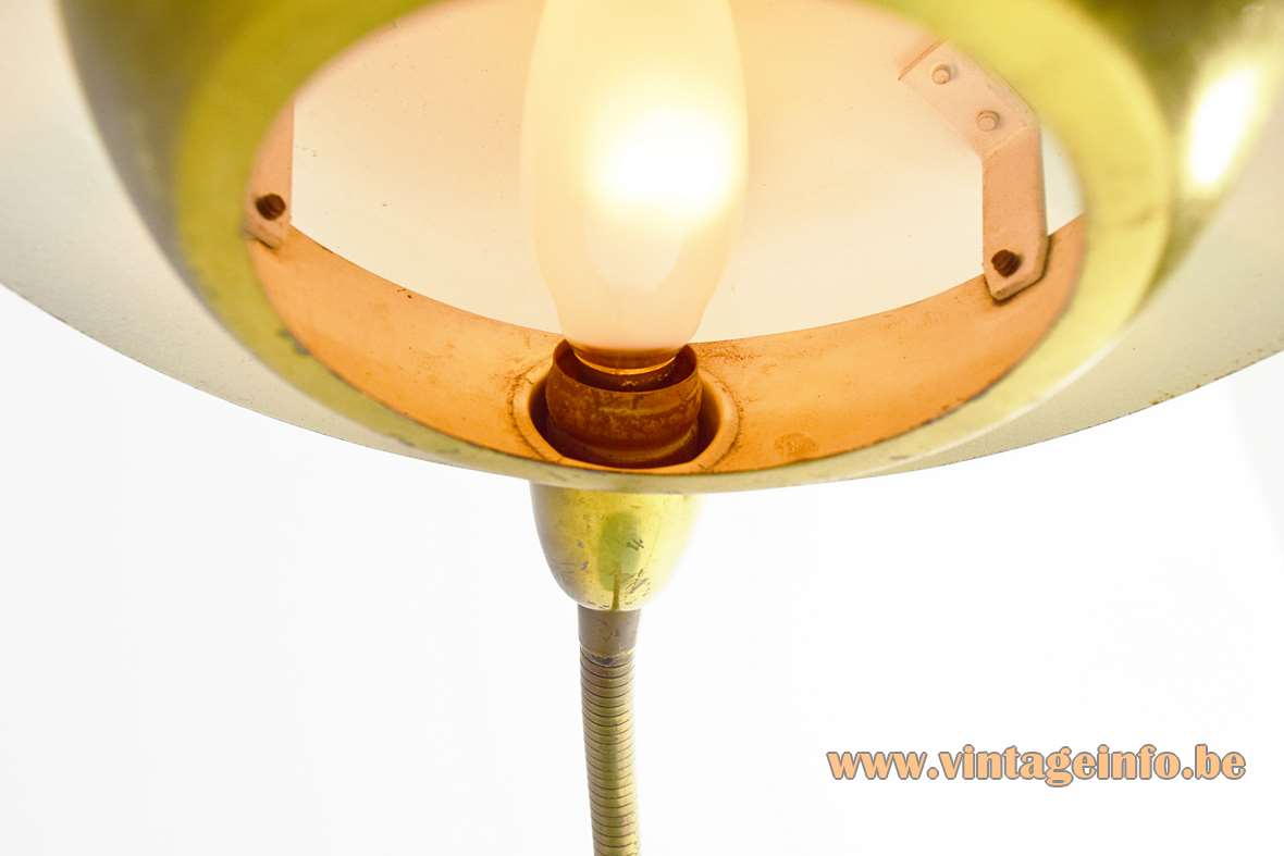 1950s brass gooseneck desk lamp round turquoise lampshade & brass diffuser Italy 1960s E14 socket
