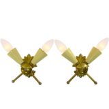 1950s Italian wall lamps placed crosswise made of brass cream lampholders 2 light bulbs 1960s