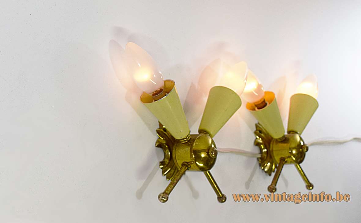 1950s Italian wall lamps placed crosswise made of brass cream lampholders 2 light bulbs 1960s 
