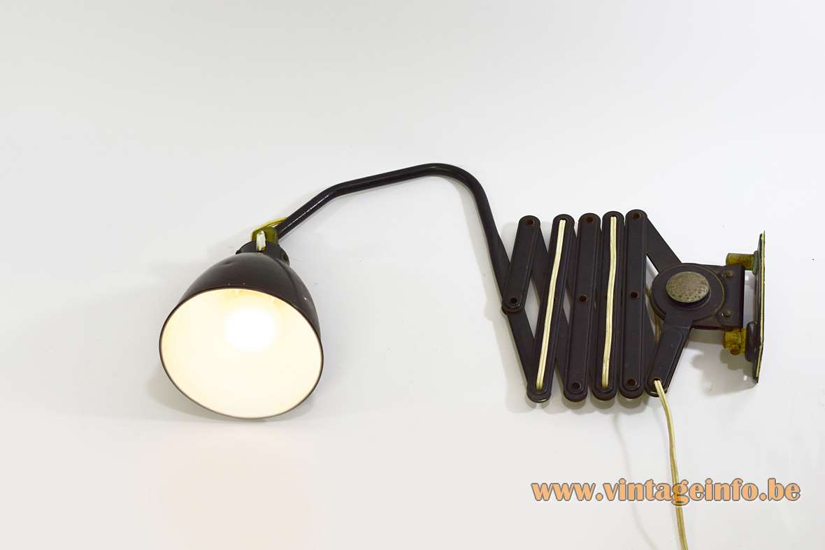 AGI scissor industrial wall lamp black dark grey iron slats & lampshade 1920s 1930s Belgium art deco
