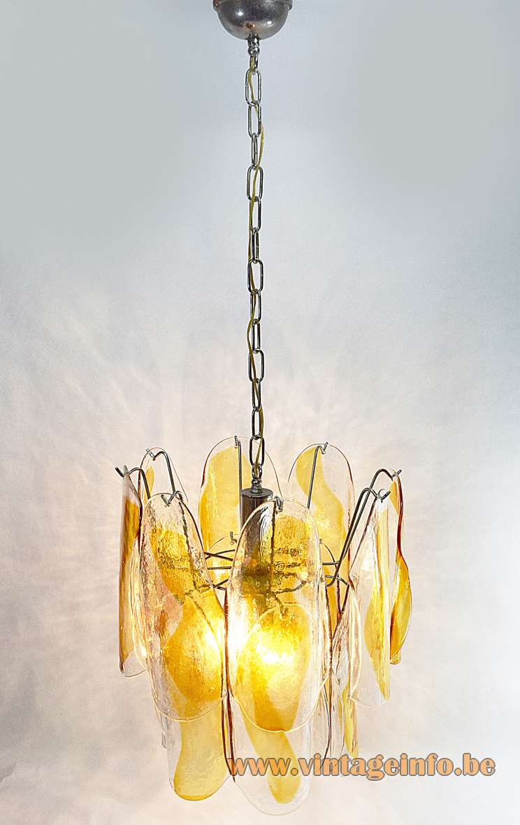 AV Mazzega amber crystal glass chandelier design: Carlo Nason 14 plates chrome wire frame 1960s 1970s