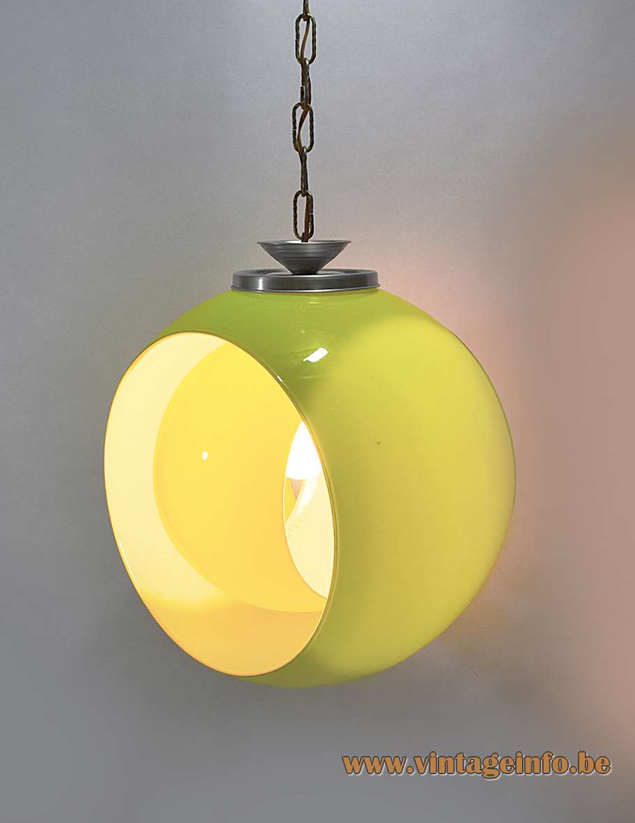 AV Mazzega eclipse pendant lamp 1960s design: Carlo Nason yellow green round circular Murano glass 1970s
