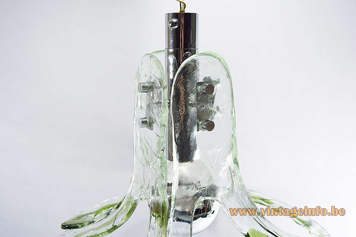AV Mazzega open glass leaves pendant lamp 1970s design: Carlo Nason clear green Murano glass chrome