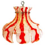 AV Mazzega orange flower pendant lamp 10 Murano curved glass leaves petals chrome frame chain 1970s