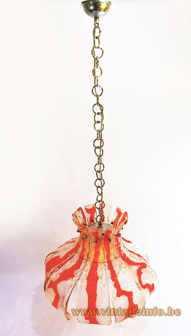 AV Mazzega orange flower pendant lamp 10 Murano curved glass leaves petals chrome frame chain 1970s