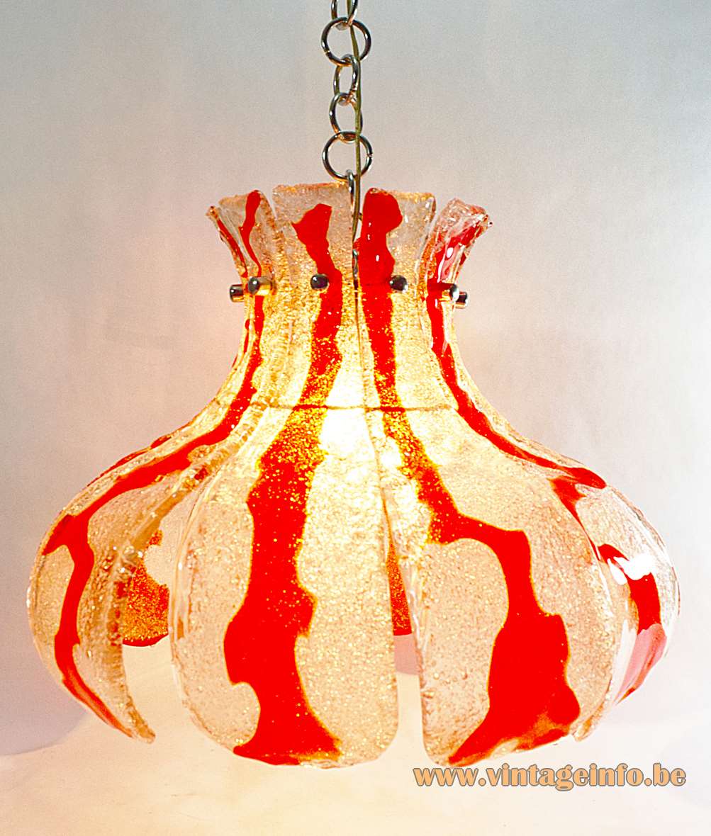 AV Mazzega orange flower pendant lamp 10 Murano curved glass leaves petals chrome frame chain 1970s
