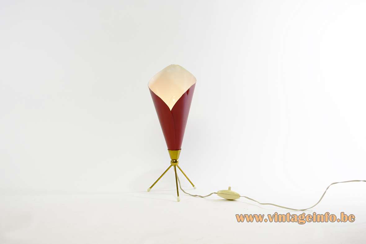 Angelo Lelii Calla table lamp brass tripod base conical folded red flower lampshade 1950s 1960s Arredoluce