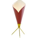 Angelo Lelii Calla table lamp brass tripod base conical folded red flower lampshade 1950s 1960s Arredoluce